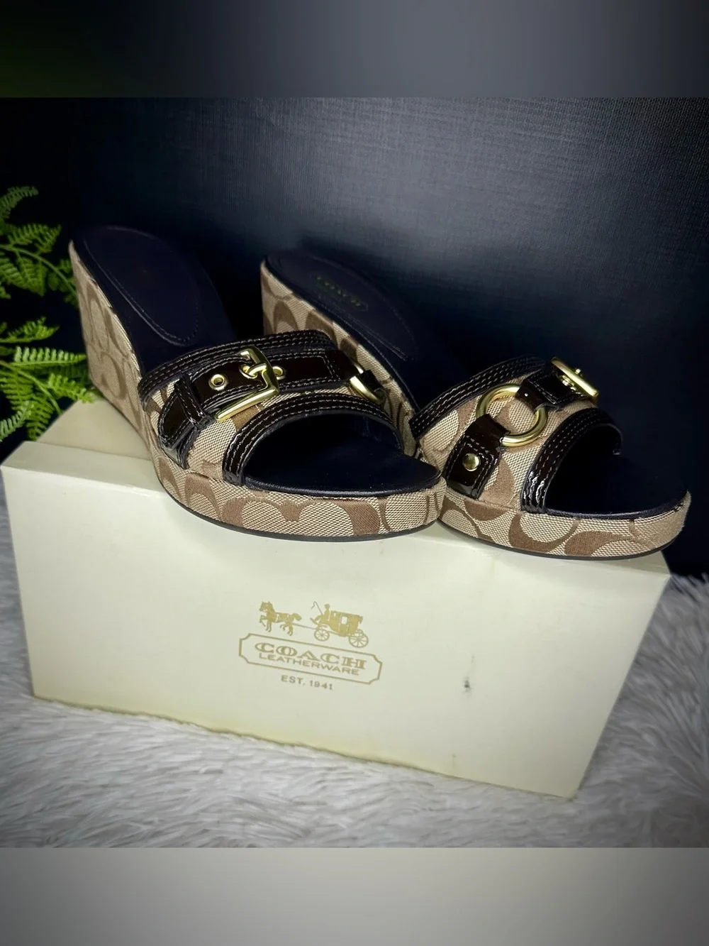 Coach Y2K Jewel Brown Brass Signature Buckle Wedge Sandal Slides Size 9.5 womens
